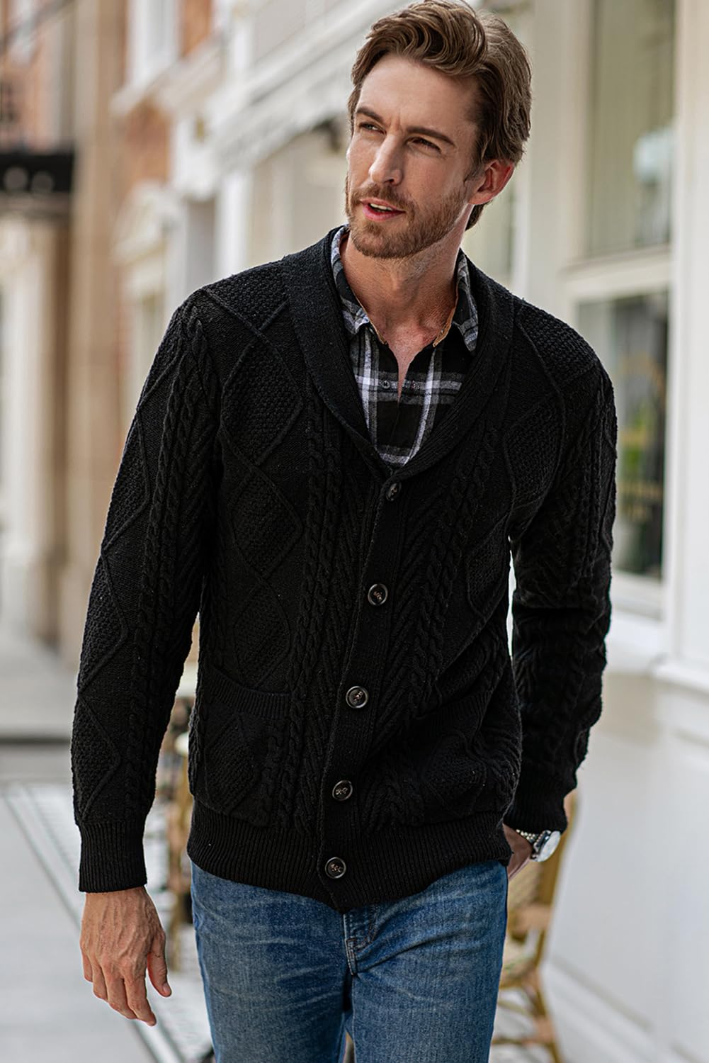 Men's Shawl Collar Textured Knit Jumper with Stylish Button Detail - Cozy & Versatile Sweater