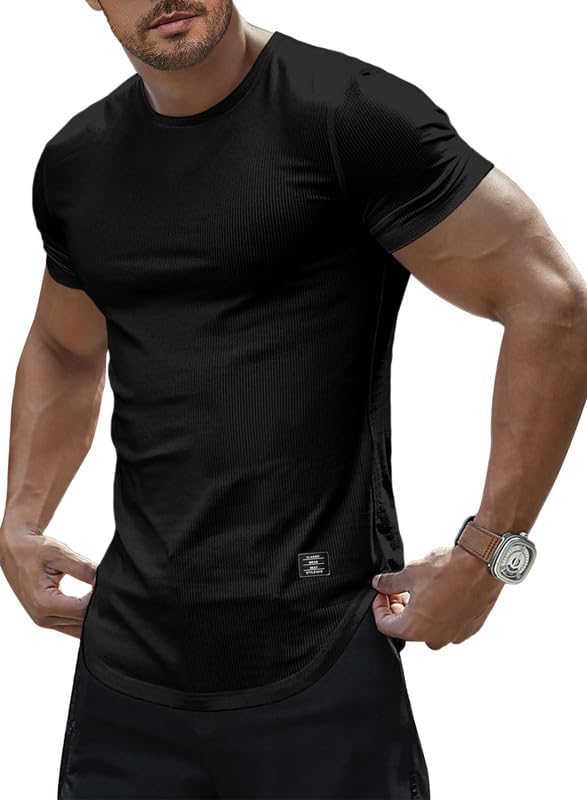 JMIERR Mens Muscle Slim T Shirt Crewneck Longline Henley Shirt Gym Workout Athletic Tee Shirts