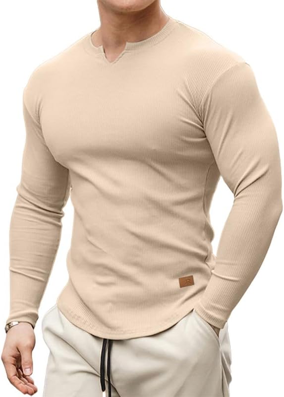 JMIERR Mens Long Sleeve Muscle T Shirts Casual V-Neck Longline Ribbed Tee Shirts