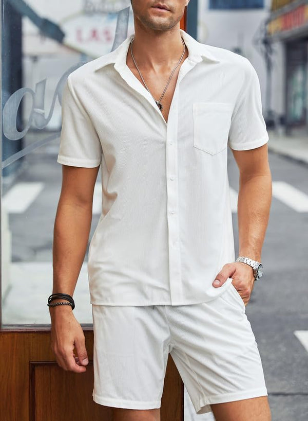 JMIERR Men's 2 Piece Outfits Casual Button Down Short Sleeve Shirts Shorts Summer Beach Sets