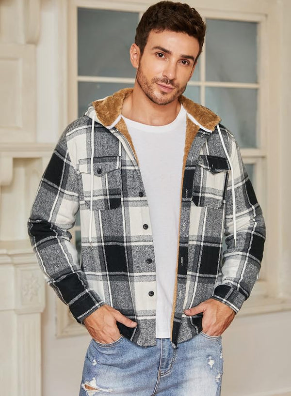 JMIERR Men's Casual Button Down Fleece Flannel Jackets Shirt Plaid Cotton Hoodies for Men Drawstring Hooded Jackets Shirt