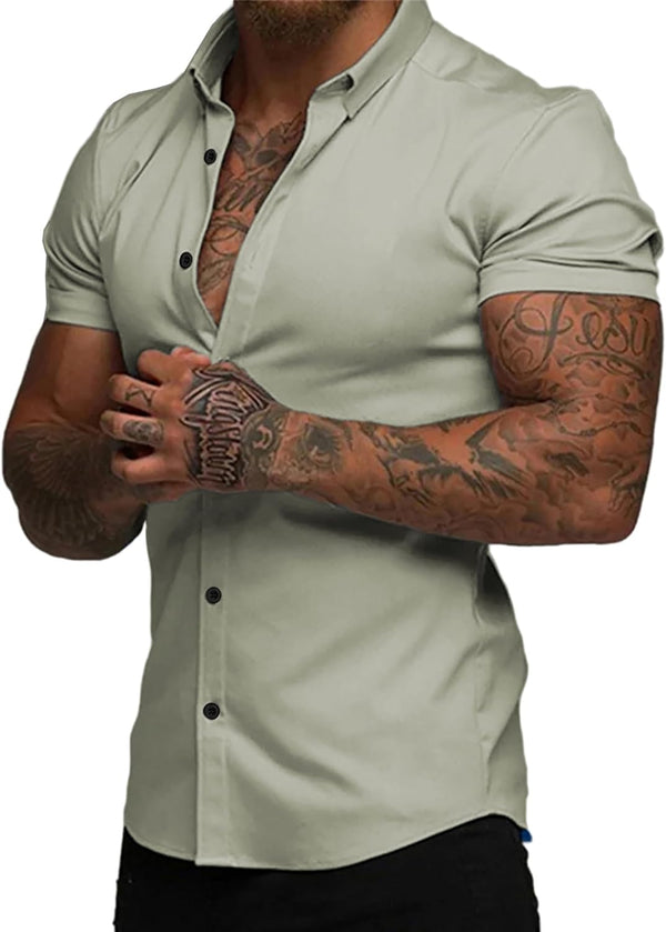 JMIERR Men's Muscle Fit Dress Shirts Summer Casual Button Down Short Sleeve High Stretch Wrinkle-Free Shirt
