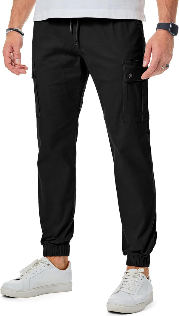 JMIERR Men's Casual Cargo Pants Cotton Tapered Stretch Twill Drawstring Trousers with Multiple Pockets