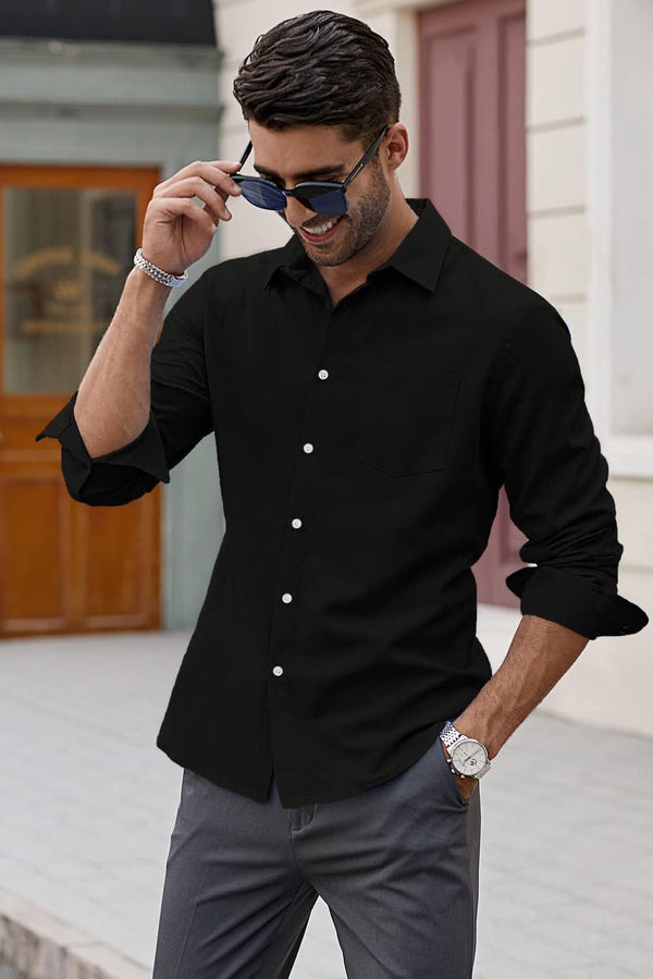 JMIERR Men's Linen Shirts Casual Long Sleeve Button-Down Striped Dress Shirt