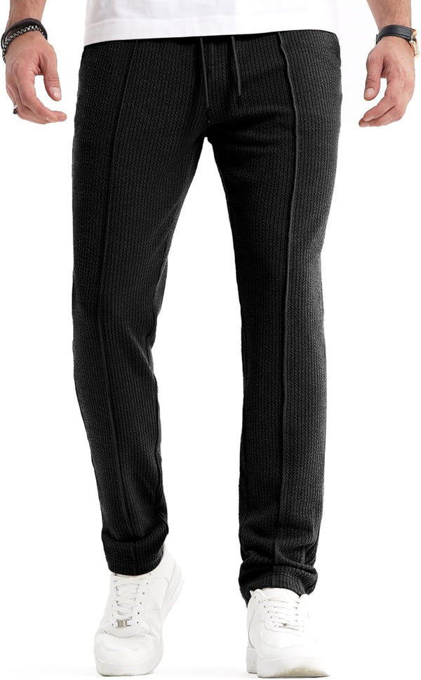 JMIERR Men's Casual Pants Lightweight Stretch Ribbed Knit Textured Drawstring Slim Fit Tapered Pants with Pockets