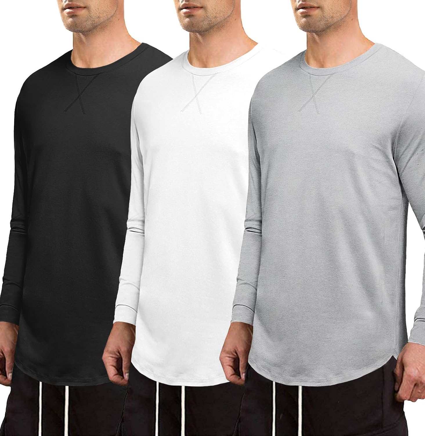 JMIERR Mens 3 Pack Cotton Hipster Hip Hop Longline Crewneck T