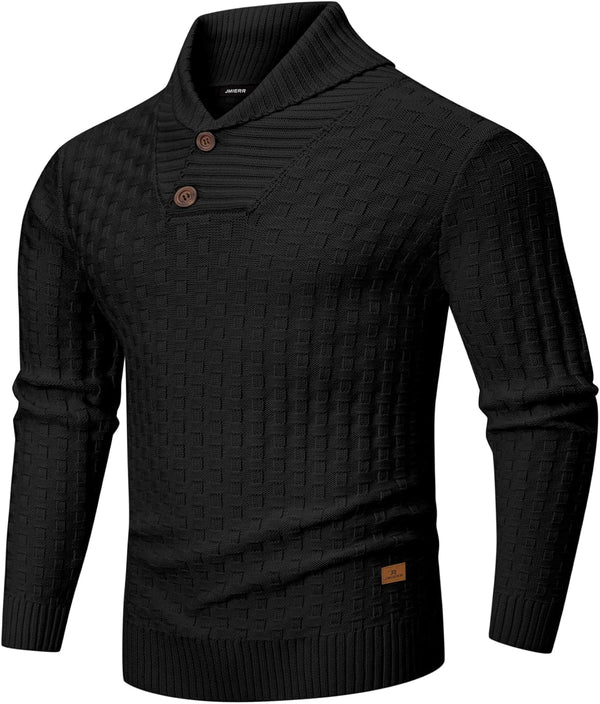 JMIERR Men's Shawl Collar Pullover Sweater Casual Slim Fit Button Textured Knit Sweaters