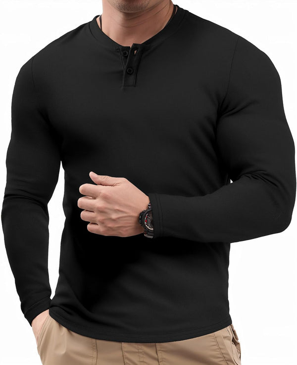 JMIERR Mens Muscle Slim Henley Shirt Button V-Neck Long Sleeve Gym Workout Athletic T Shirts
