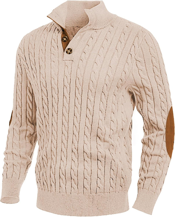 JMIERR Men's Cable Knit Pullover Sweater Casual Long Sleeve Stand Collar Button Knitted Sweaters