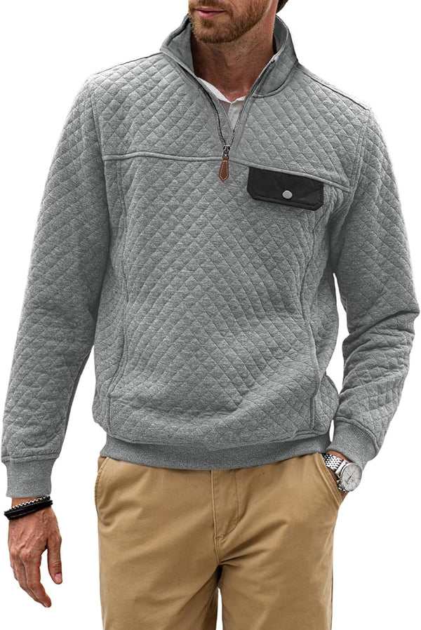 JMIERR Men's Quilted Sweatshirt Casual Long Sleeve Outdoor Stand Collar Quarter-Zip Pullover Sweatshirts