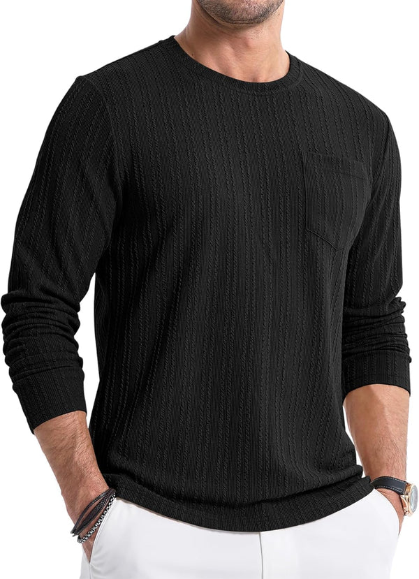 JMIERR Men's Long Sleeve Shirts Casual Crewneck Pullover T-Shirt Stretch Textured Knit Tee with Pocket