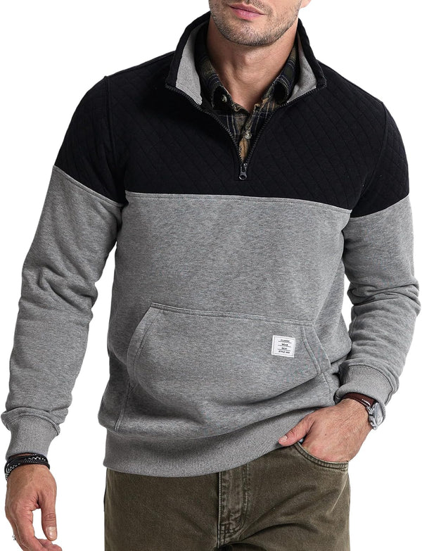 JMIERR Men's Quarter Zip Pullover Quilted Sweatshirt Pullover Long Sleeve Stand Collar Sweater Color Block Sweatshirt