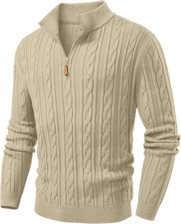 JMIERR Men's Quarter Zip Pullover Sweater Cable Knit Casual Stand Collar Texture Knitted Sweaters