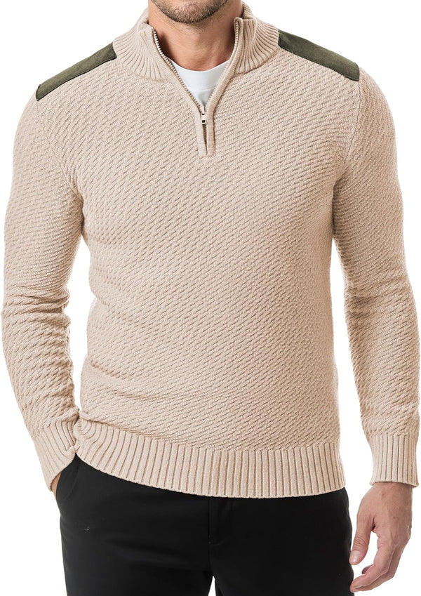 JMIERR Mens Quarter Zip Sweater Mock Neck Casual Long Sleeve Knitted Pullover Sweaters with Suede Patchwork