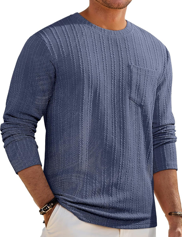 JMIERR Men's Long Sleeve Shirts Casual Crewneck Pullover T-Shirt Stretch Textured Knit Tee with Pocket