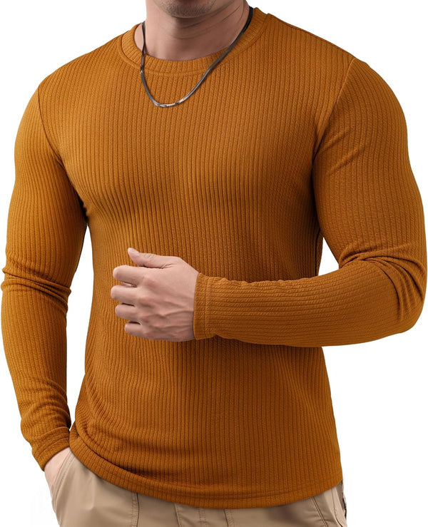 JMIERR Mens Long Sleeve Muscle T Shirts Casual Crewneck Knitted Longline Textured Tee Shirts for Gym Workout