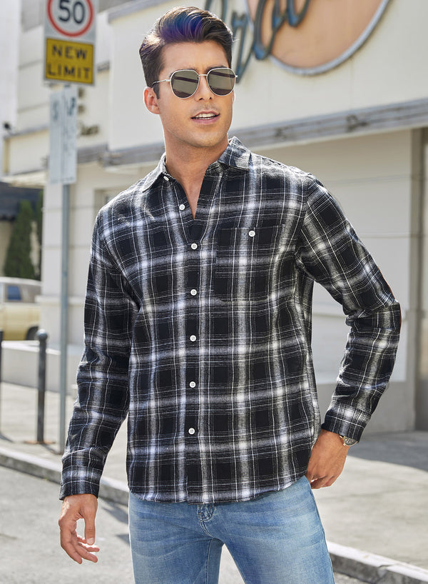 JMIERR Mens Flannel Plaid Shirts Cotton Casual Long Sleeve Button-Down Shirt with Pocket